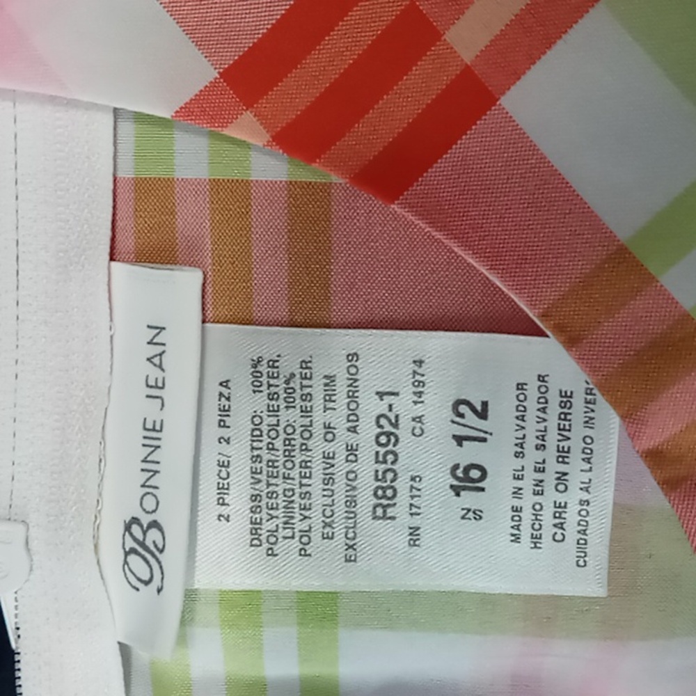 Bonnie Jean Spring Plaid Dress w Front Ribbon Bow Size 16 1/2 Junior - Picture 7 of 7